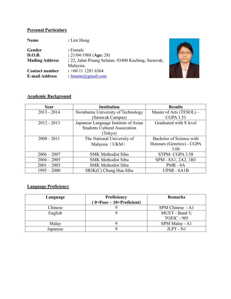 Curriculum Vitae In Malay : Curriculum Vitae A Malaysian Bangsa Race