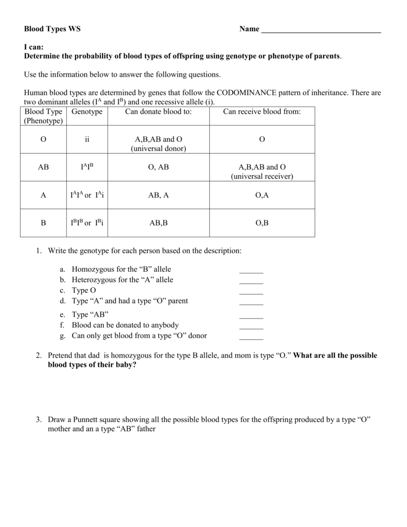 Blood Type worksheet With Codominance Worksheet Blood Types