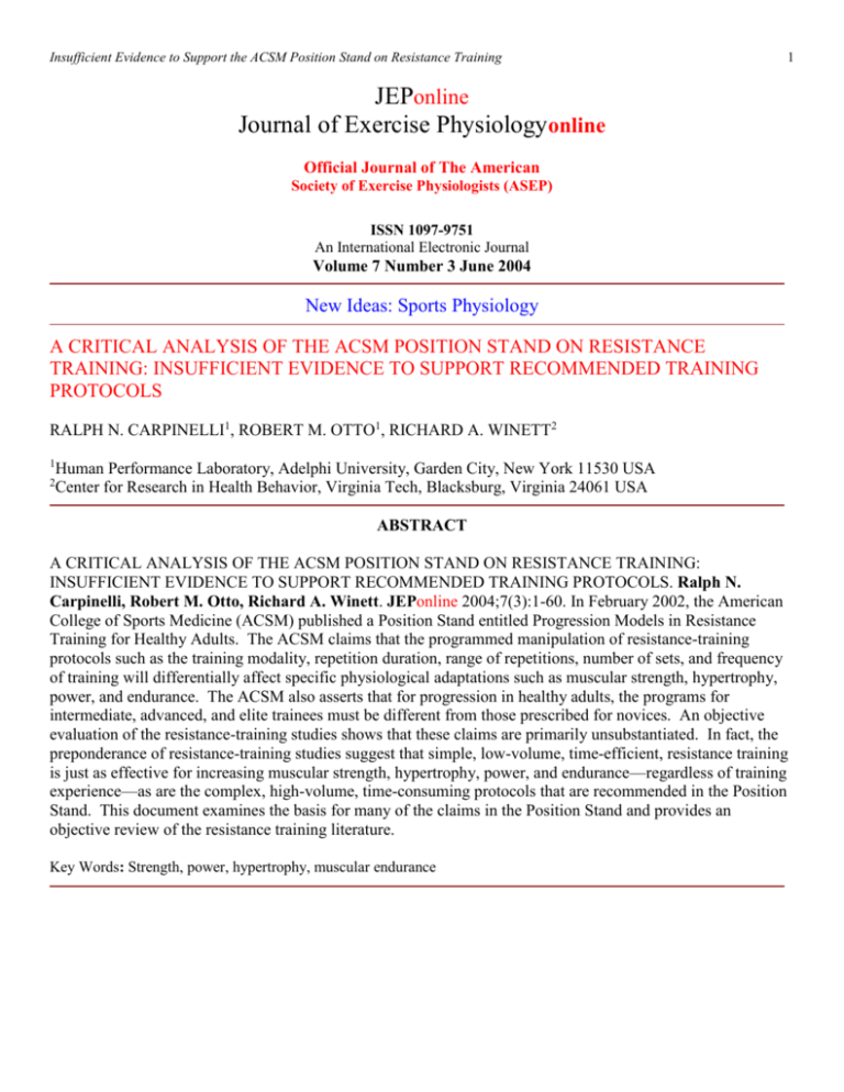 A Critical Analysis Of The ACSM Position Stand On Resistance Training