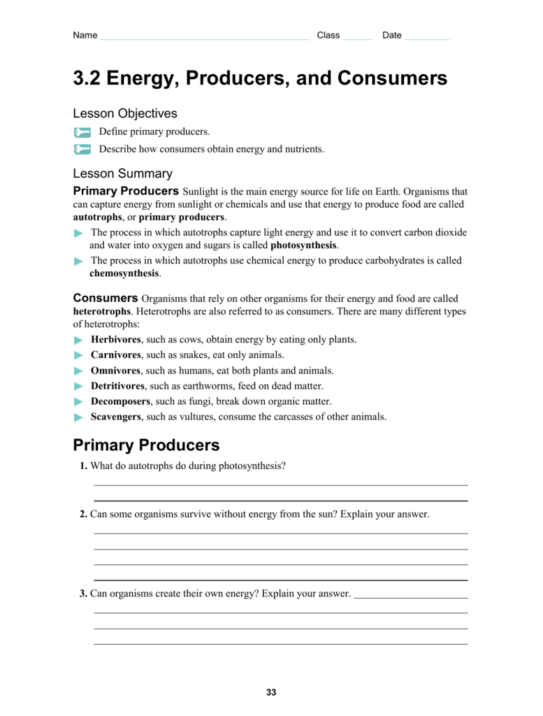 Energy, Producers, and Consumers Within Producers And Consumers Worksheet