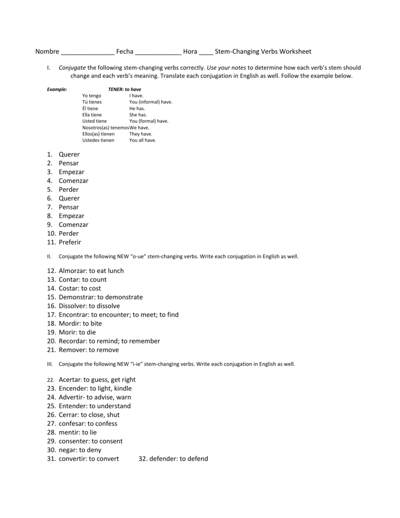 Stem-changing Verbs Worksheet Within Stem Changing Verbs Worksheet