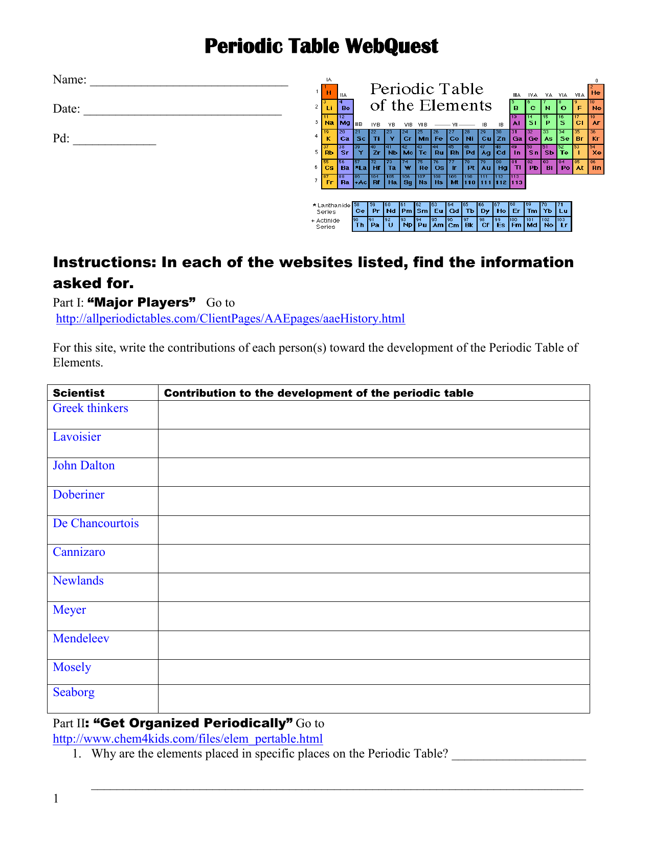 Periodic Table WebQuest For Periodic Table Webquest Worksheet Answers
