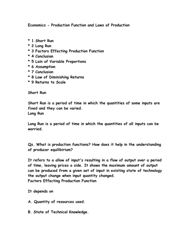 Economics Production Function And Laws Of Production 1 Short