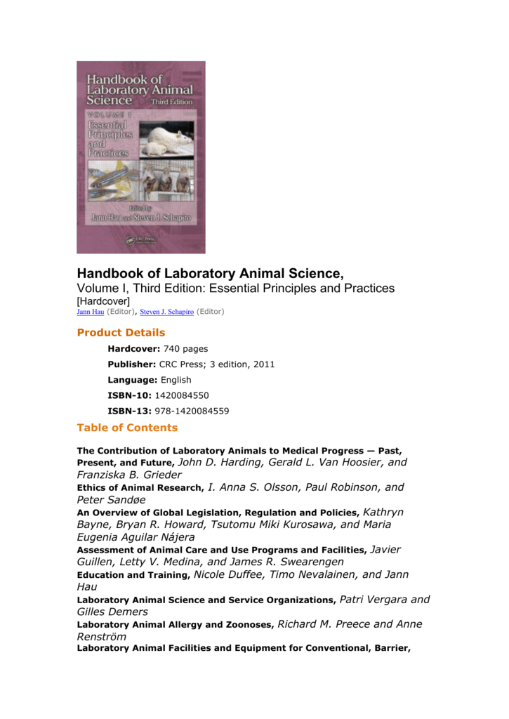 Handbook of Laboratory Animal Science, Volume I, Third Edition