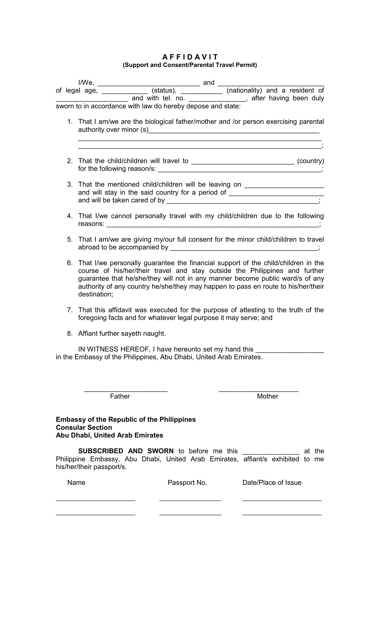 Affidavit Of  enter upon For  pubertal To Travel Abroad  