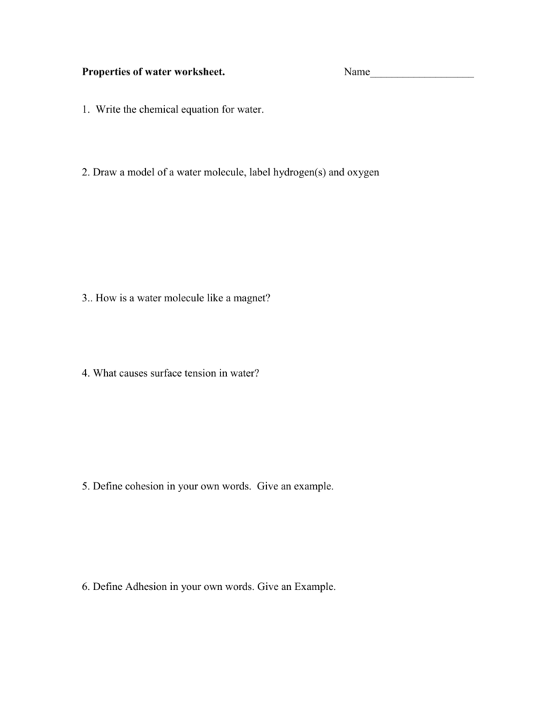 Properties Of Water Worksheet