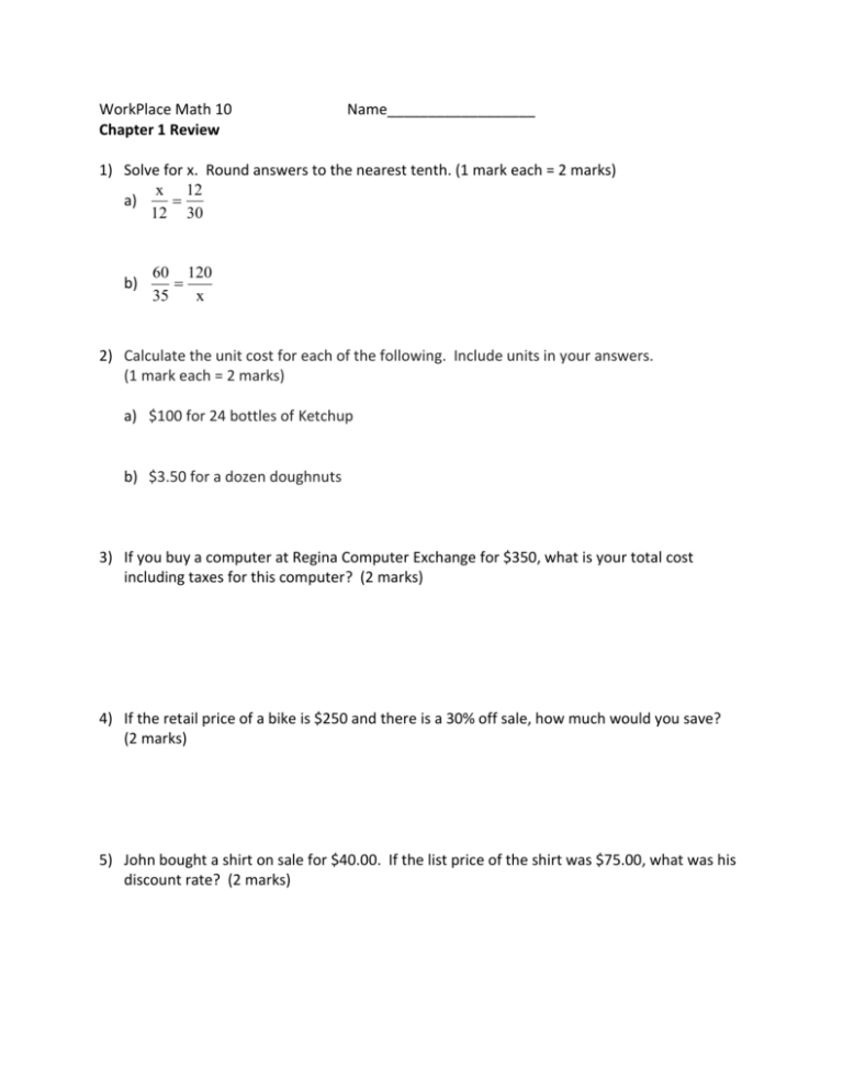 WorkPlace Math 10 Name Chapter 1 Review