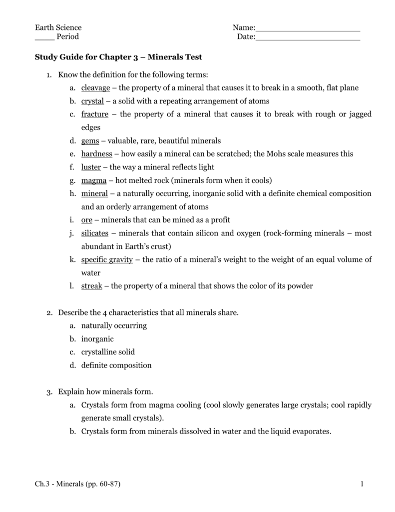 Chapter 3 Study Guide Mineral Identification Answer Key Study Poster Chapter 3 Study Guide Mineral Identification Answer Key Study Poster