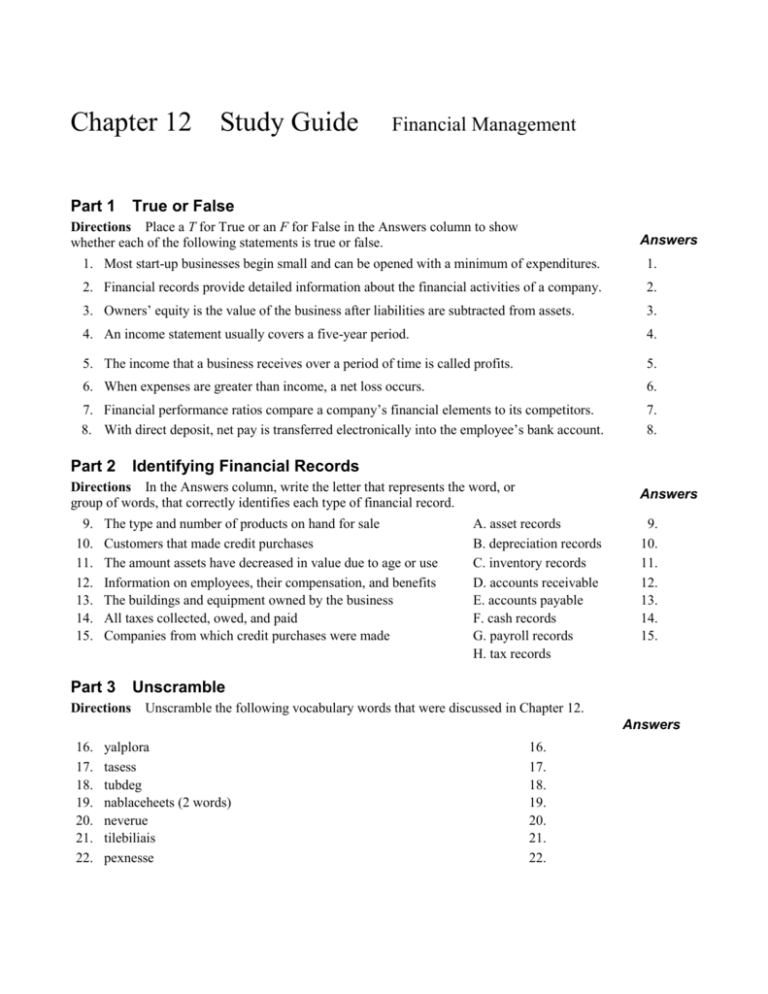 Chapter 12 Study Guide Chapter 12 Study Guide