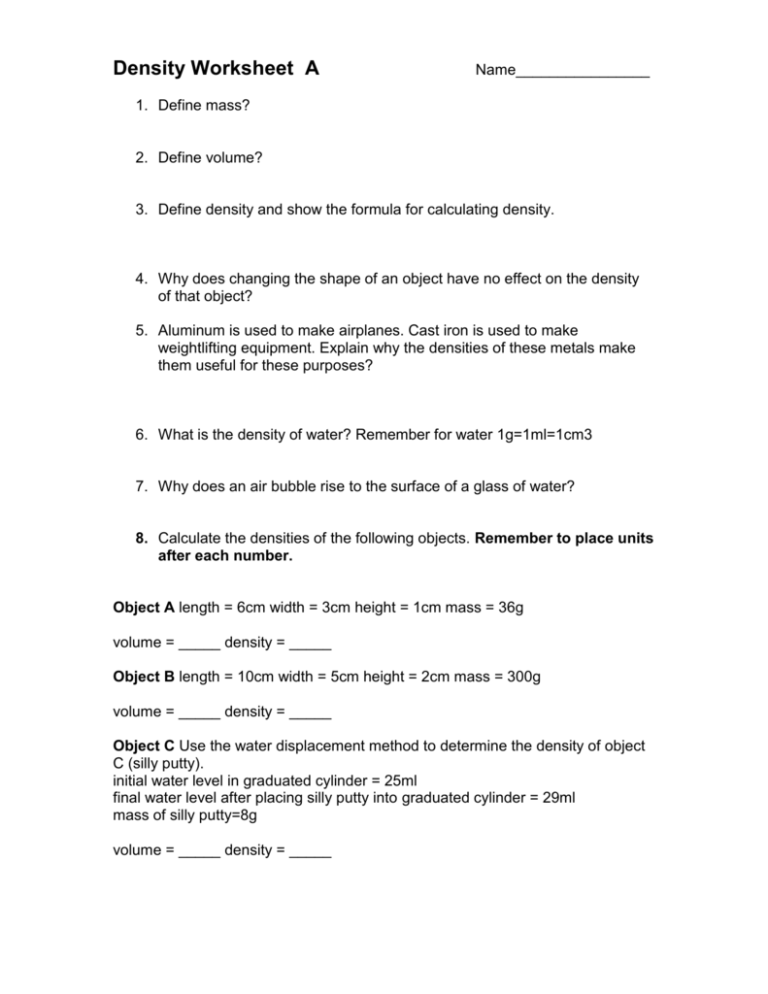 Density Worksheet A Name