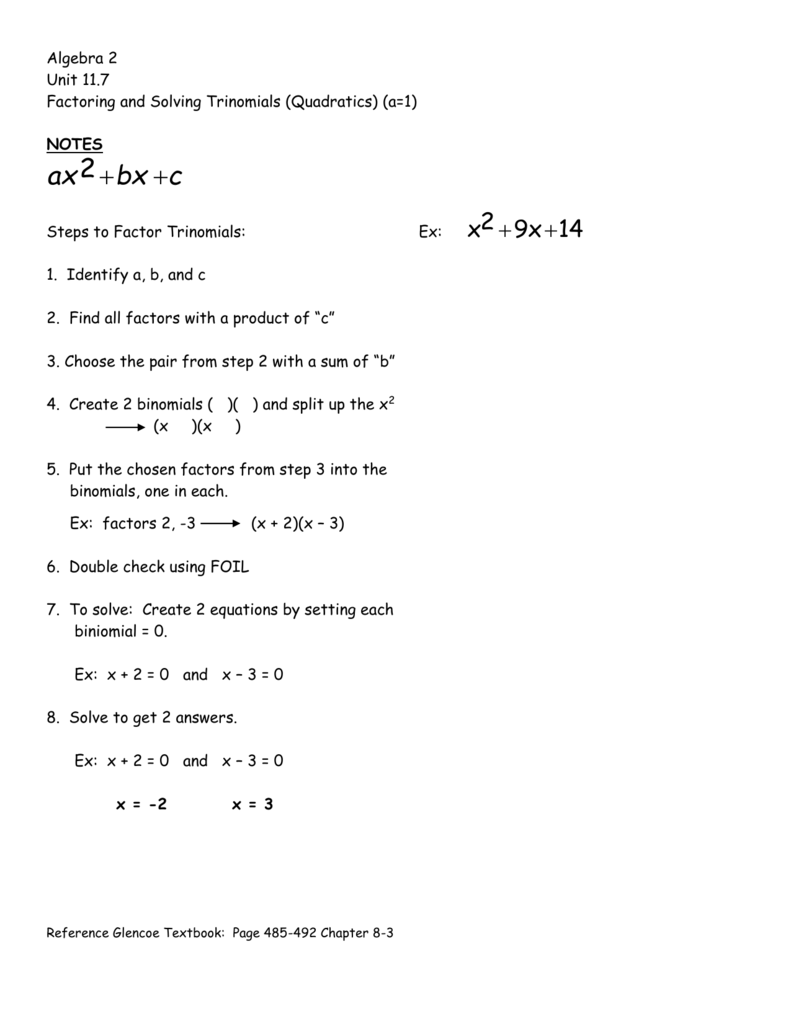 Unit 11 Worksheet Inside Factoring Trinomials Worksheet Algebra 2