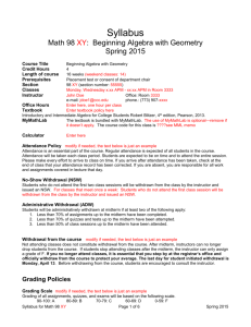 Syllabus Math 98 XY: Beginning Algebra with Geometry Spring