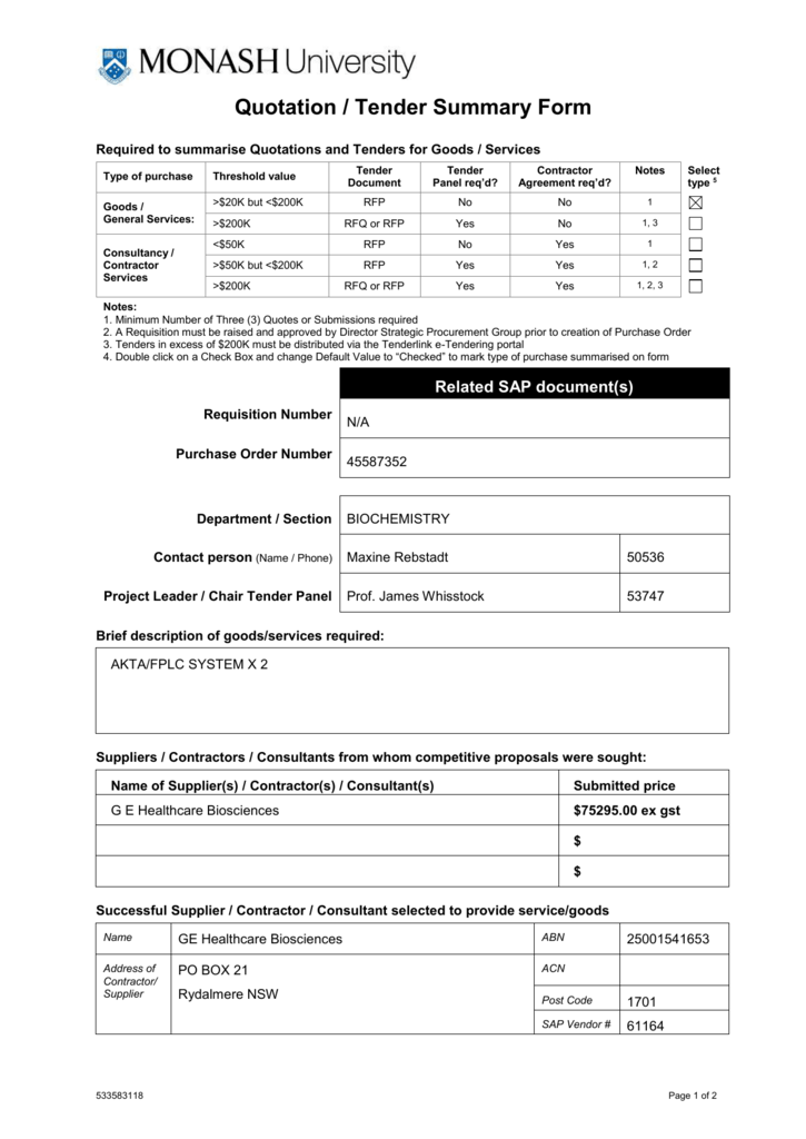 Quotation Tender Summary Form