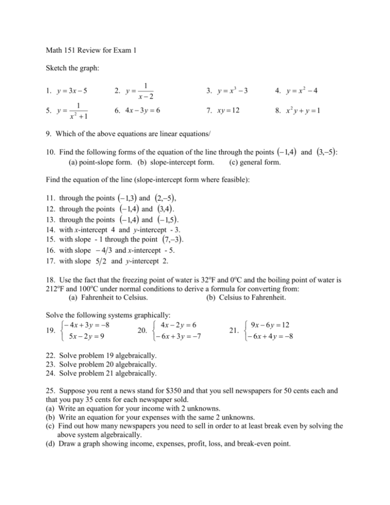 Answers To Math 151 Review For Exam 1 Answers To Math 151 Review For Exam 1