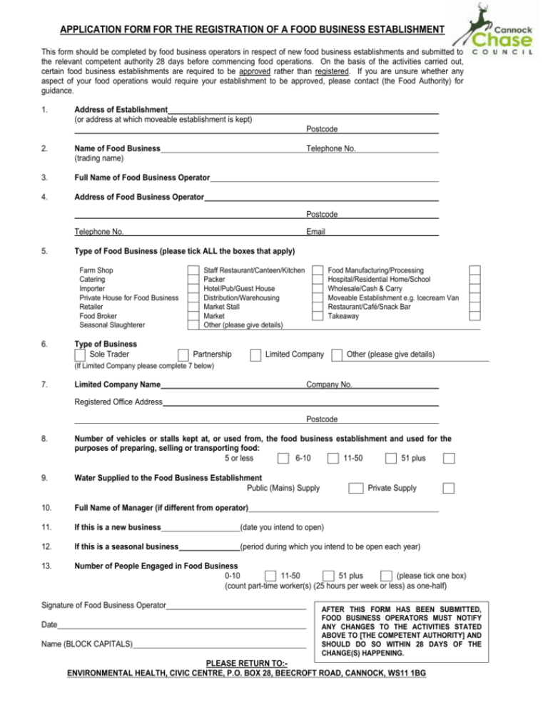 Food Business Registration Form Cannock Chase District Council