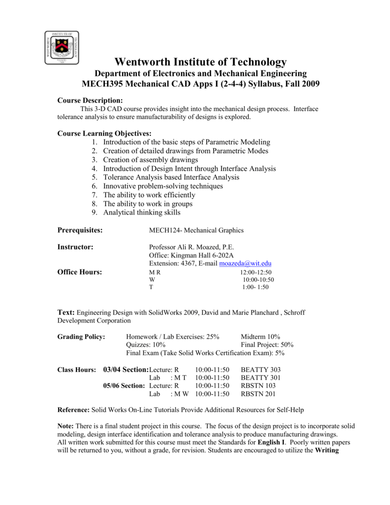 MECH395 - MyWeb At WIT - Wentworth Institute Of Technology