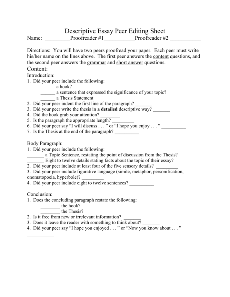 college essay peer editing sheet