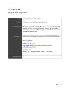 USF School of Law Fall 2015 - First Assignments Course: Patent