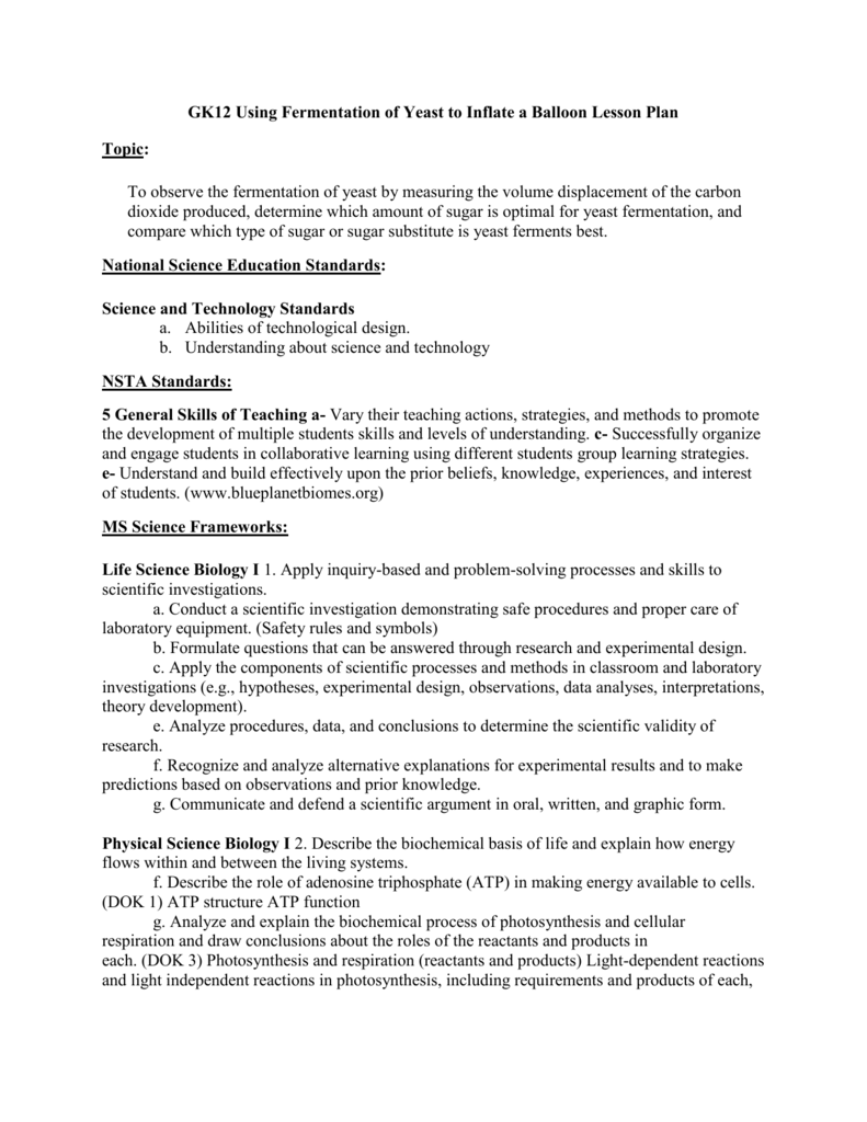 GK12 Using Fermentation Of Yeast To Inflate A Balloon Lesson Plan
