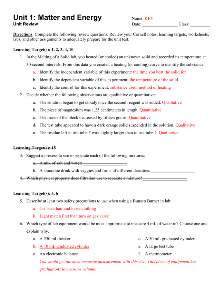 Chemistry Unit 2 Review Answer Key