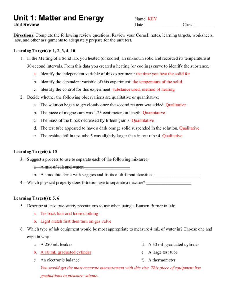 Unit 11 Matter and Energy Review WS ANSWERS For Matter And Energy Worksheet