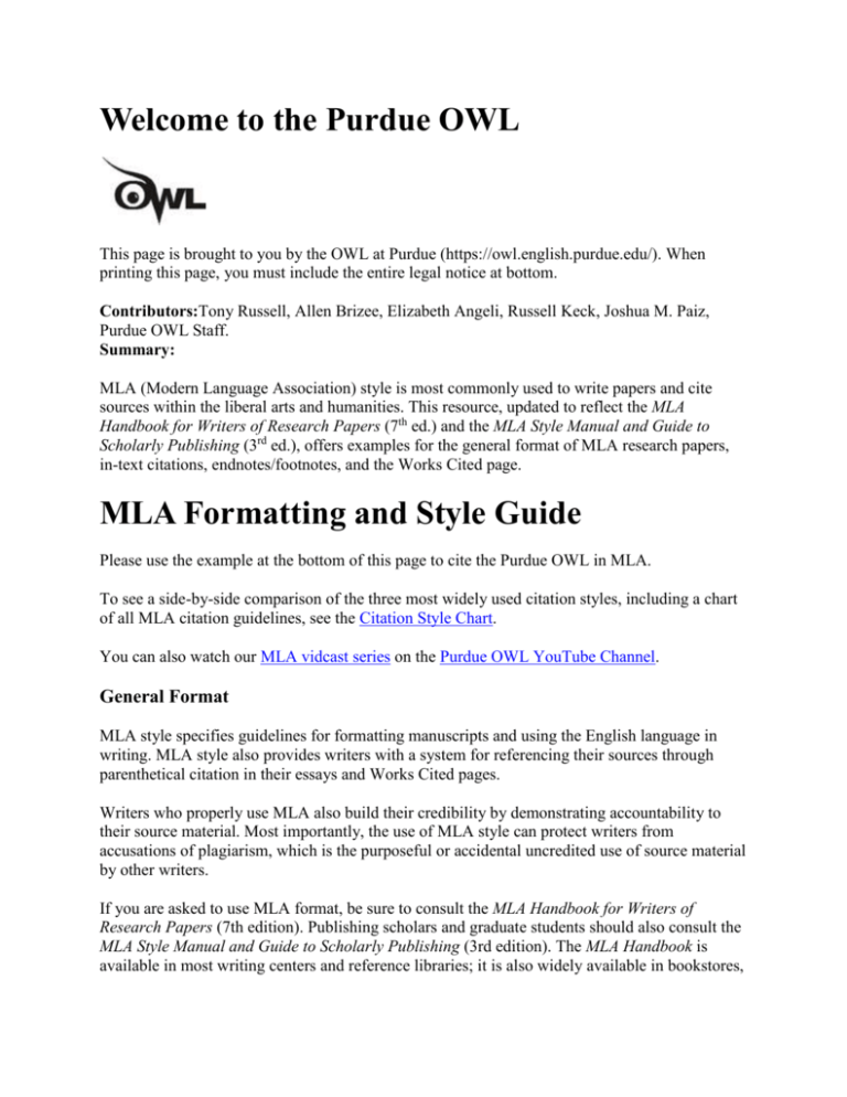 OWL Purdue MLA Full Document In Word