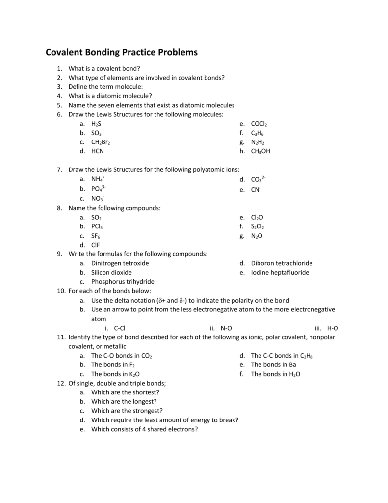 Extra Practice: Covalent Bonding w/ Key In Covalent Bonding Worksheet Answer Key