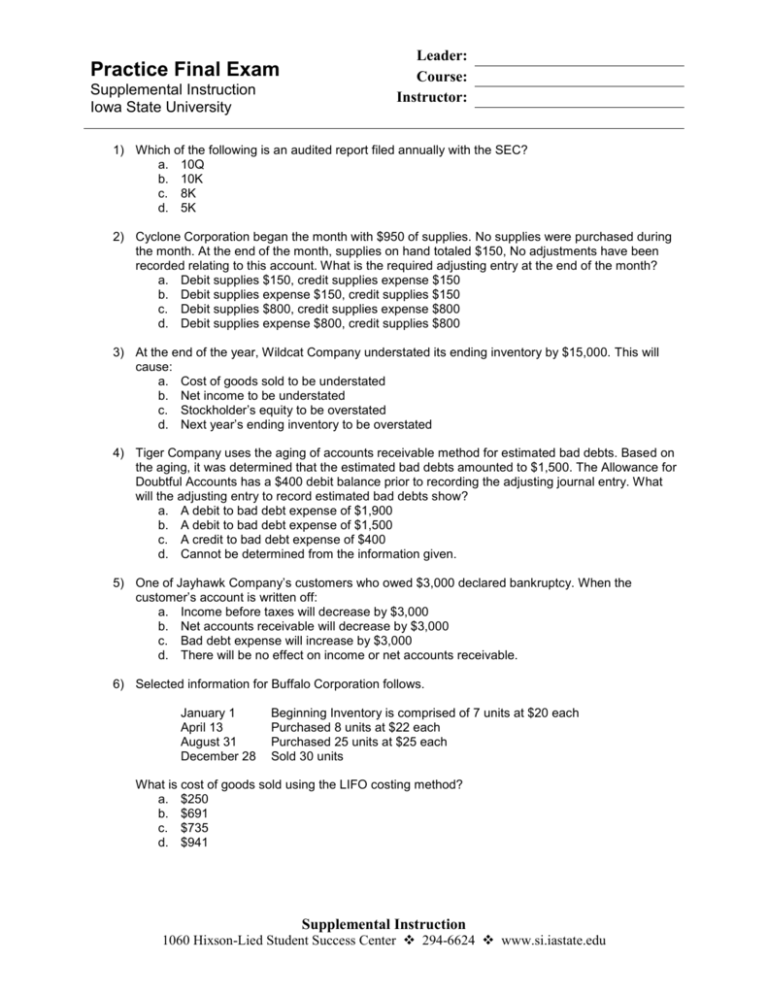 Practice Final Exam Iowa State University