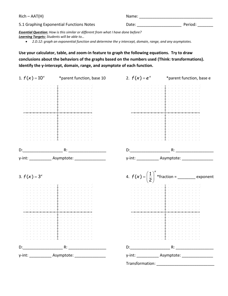 Graphing Exponential Functions Worksheet Graphing Exponential Functions Domain Range Growth 