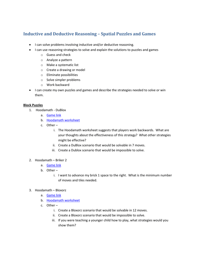 FM200.20 Inductive and Deductive Puzzles and Games In Inductive And Deductive Reasoning Worksheet