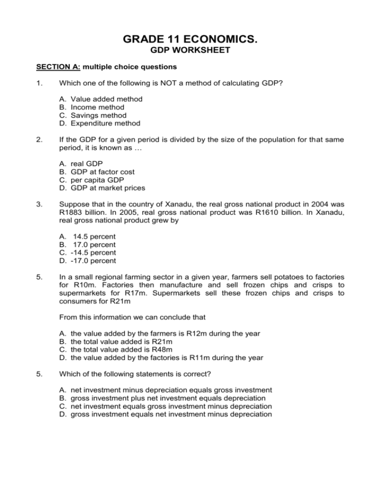 Grade 11 Economics Gdp Worksheet