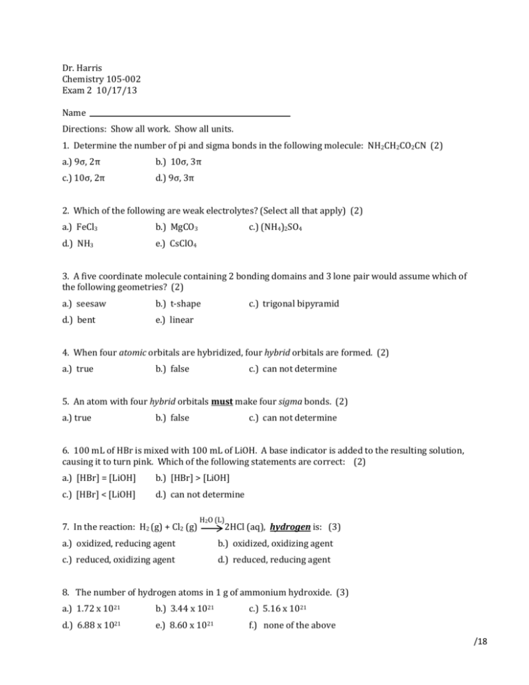 Practice Exam 2 Chemistry At Winthrop University Practice Exam 2 Chemistry At Winthrop University