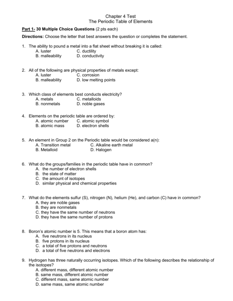 Periodic Table Of Elements Questions