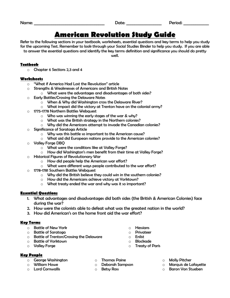 Revolutionary War Test Review Sheet