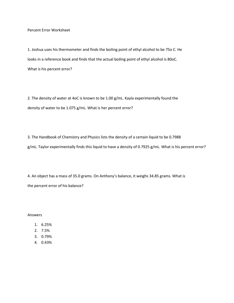 Percent Error Worksheet practice With Regard To Percent Error Worksheet Answer Key