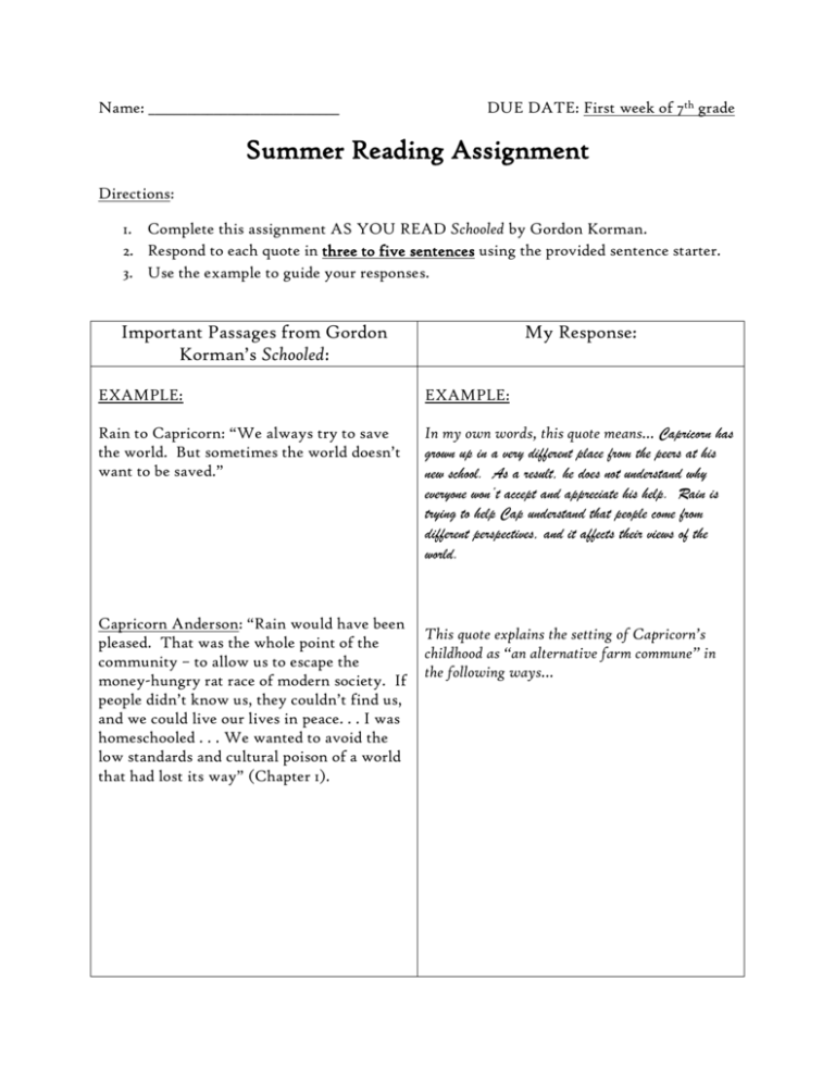 summer reading assignment examples