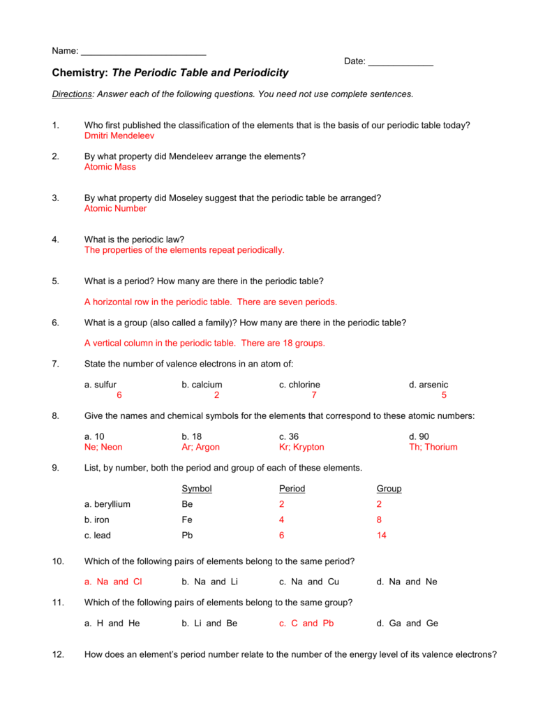 Periodic Table Review Questions 300 Key