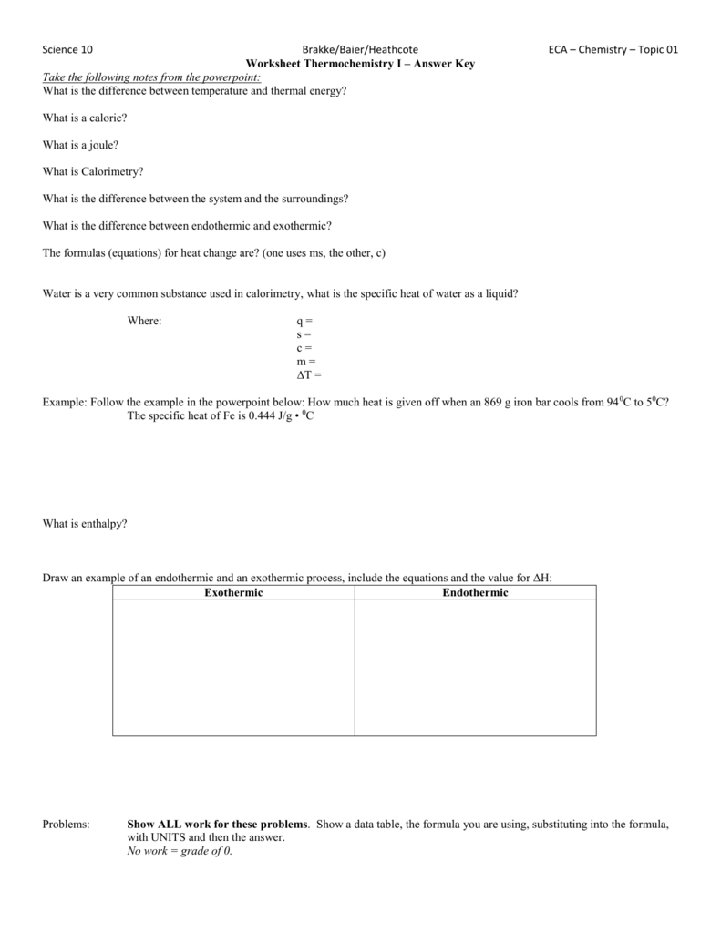 Worksheet Thermochemistry I Answers