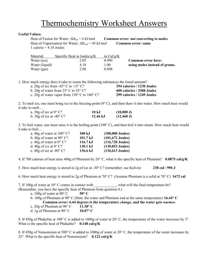 thermochemistry-worksheet-answers
