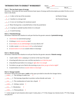 *INTRODUCTION TO ENERGY* WORKSHEET