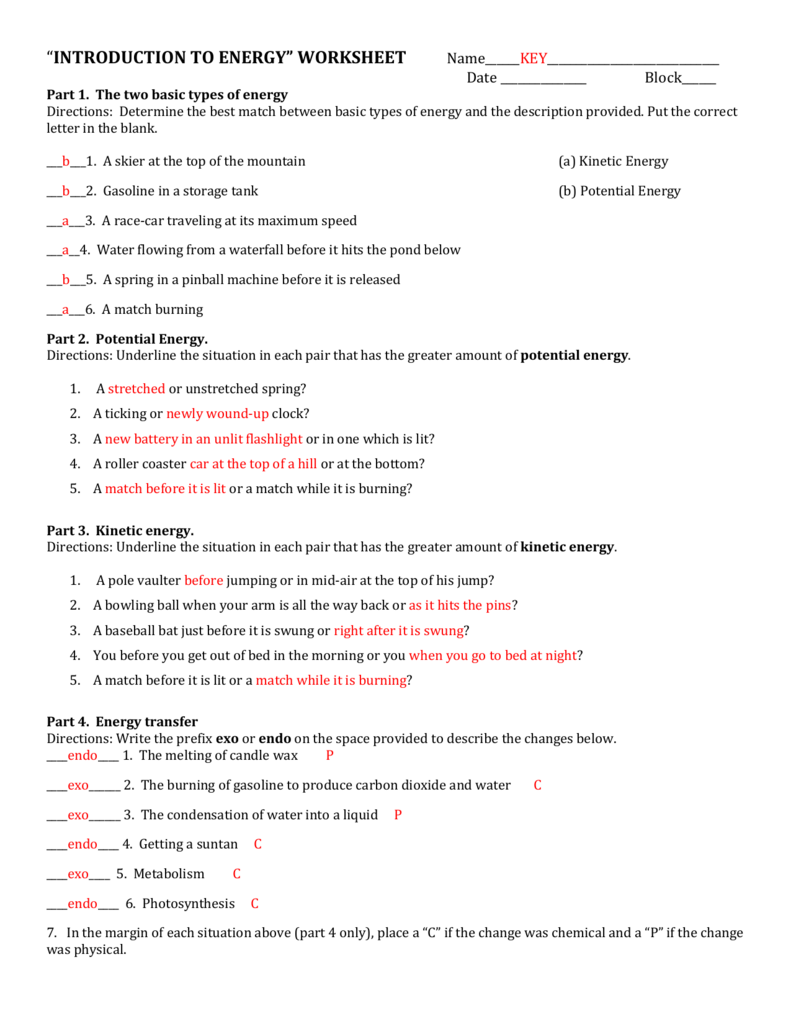 introduction to energy* worksheet Regarding Forms Of Energy Worksheet