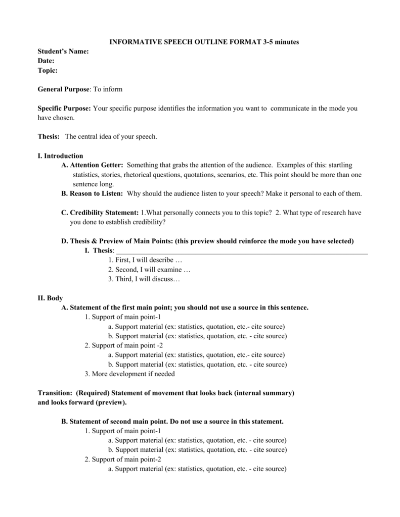 Informative Speech outline template Throughout Speech Outline Template Word