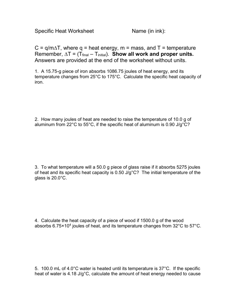 Specific Heat Worksheet With Specific Heat Worksheet Answers