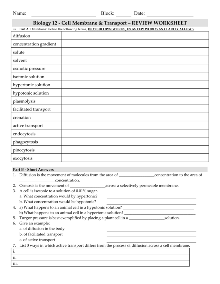 Biology 12 Cell Membrane Transport REVIEW WORKSHEET