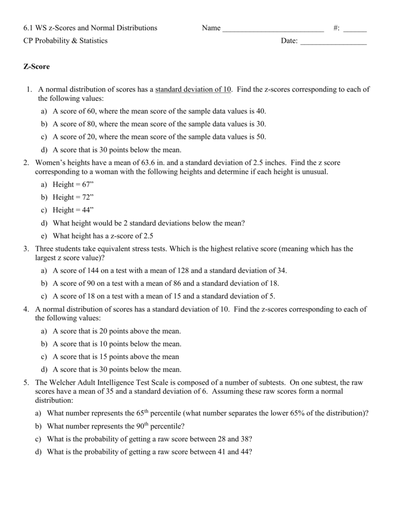 z score practice worksheet