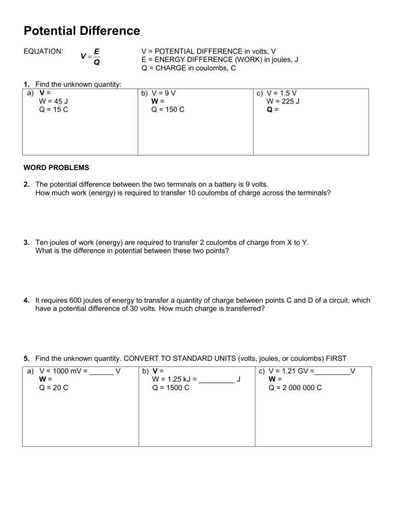 Current Voltage Resistance Worksheet With Regard To Current Voltage And Resistance Worksheet