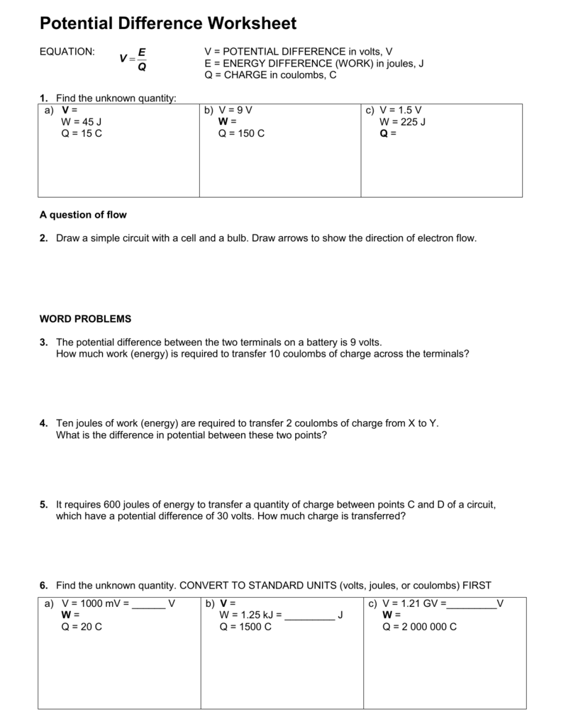 Potential Difference Worksheet Inside Current Voltage And Resistance Worksheet