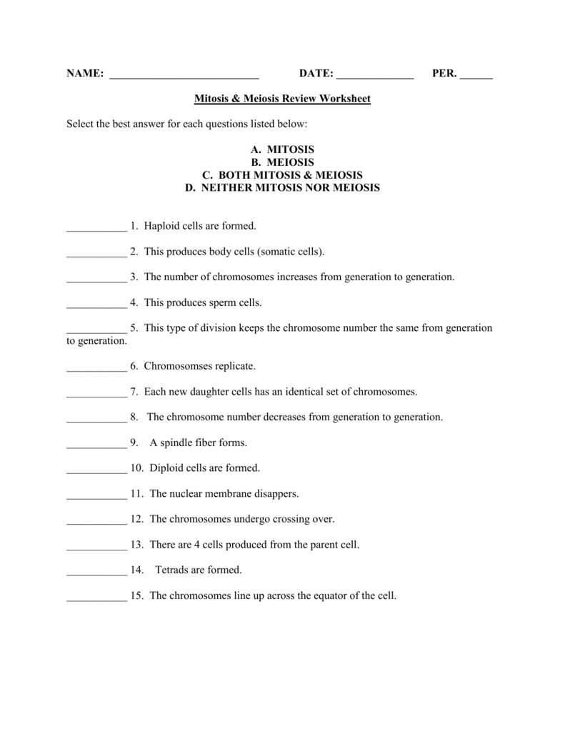Meiosis Review Worksheet Answers Worksheets For Kindergarten