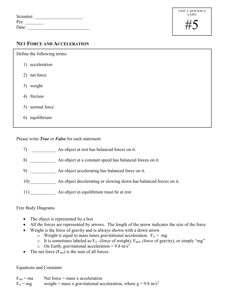 Practice Worksheet Net Forces And Acceleration