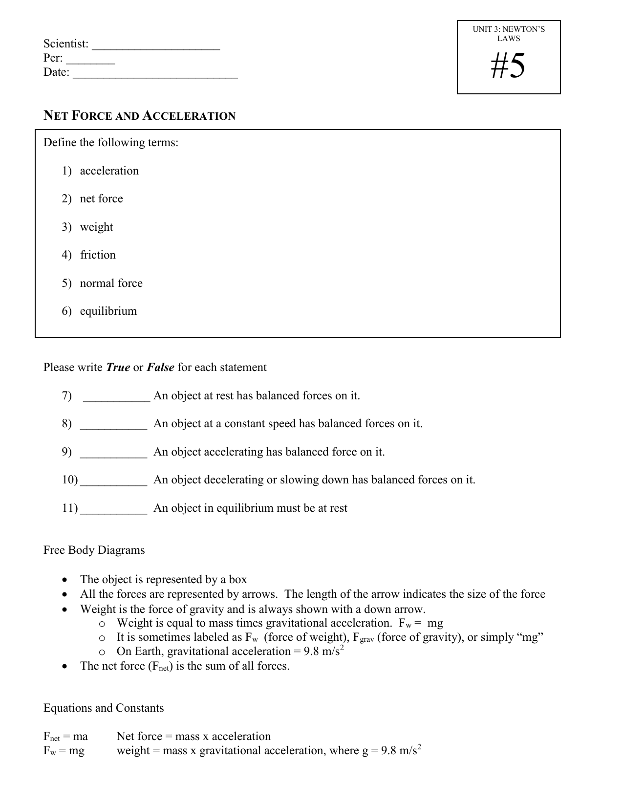 Practice Worksheet: Net Forces and Acceleration